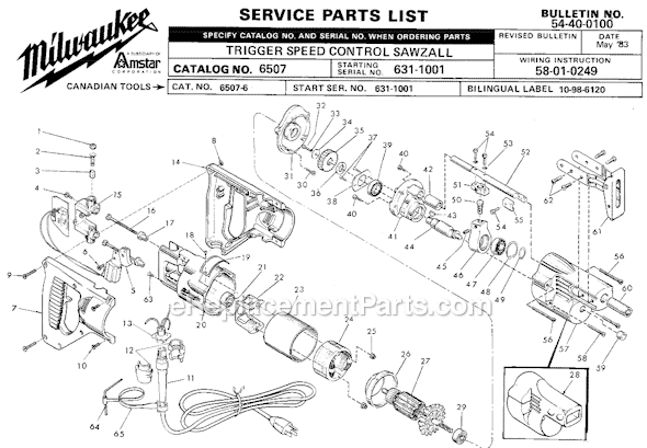 Milwaukee 6507 (SER 631-1001) Trigger Speed Control Sawzall Page A Diagram