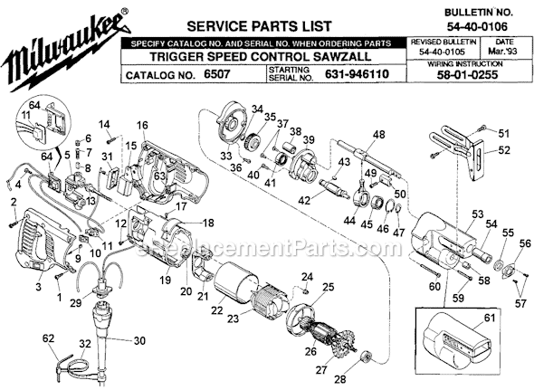 Milwaukee 6507 (SER 631-946110) Trigger Speed Control Sawzall Page A Diagram