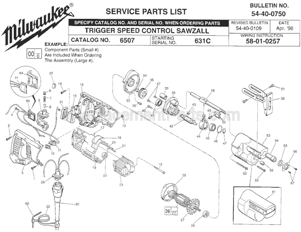 Milwaukee 6507 (SER 631C) Sawzall Page A Diagram