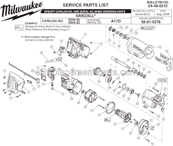 Milwaukee 6509-20 (SER A17D) Sawzall Page A Diagram