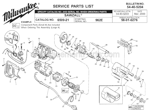 Milwaukee 6509-21 (SER 962E) Sawzall Page A Diagram