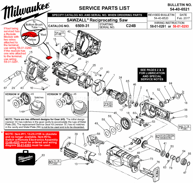 Milwaukee 6509-31 Parts List and Diagram - (SER C24B