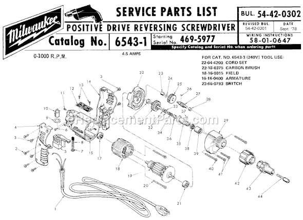 Milwaukee 6543-1 (SER 469-5977) Positive Drive Reversing Screwdriver Page A Diagram