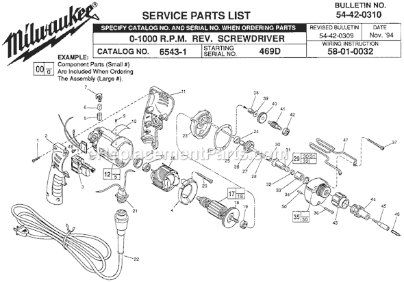 Milwaukee 6543-1 (SER 469A) 1000 R.P.M. Rev. Screwdriver Page A Diagram