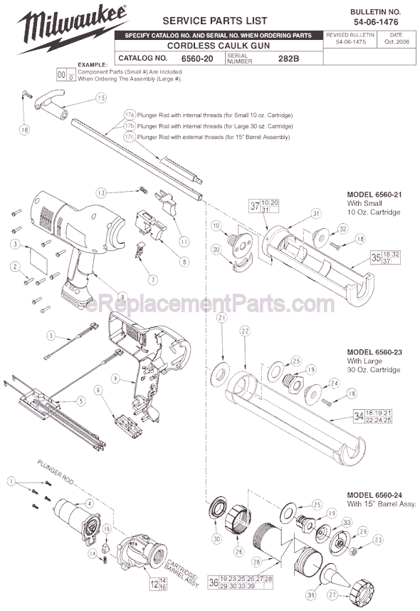 Milwaukee 6560-24 (SER 282B) Cordless Caulk Gun Page A Diagram