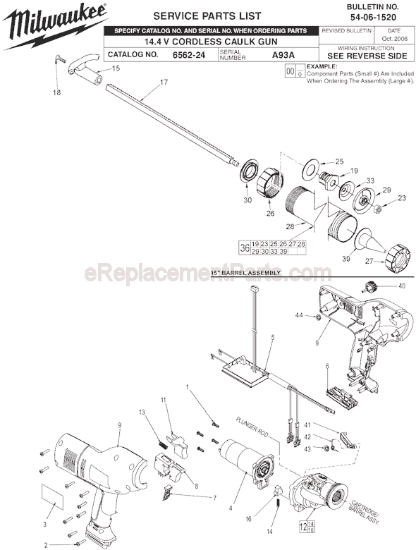 Milwaukee 6562-24 (SER A93A) 14.4V Cordless Caulk Gun Page A Diagram