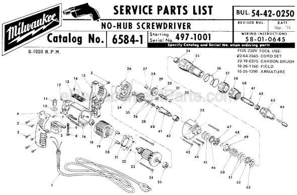 Milwaukee 6584-1 (SER 497-1001) Screwdriver Page A Diagram