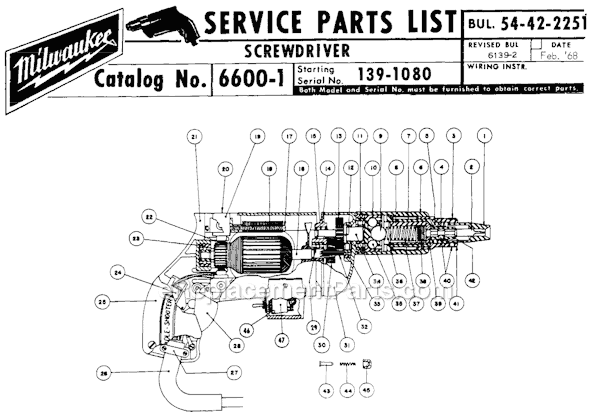 Milwaukee 6600-1 (SER 139-1080) Screwdriver Page A Diagram