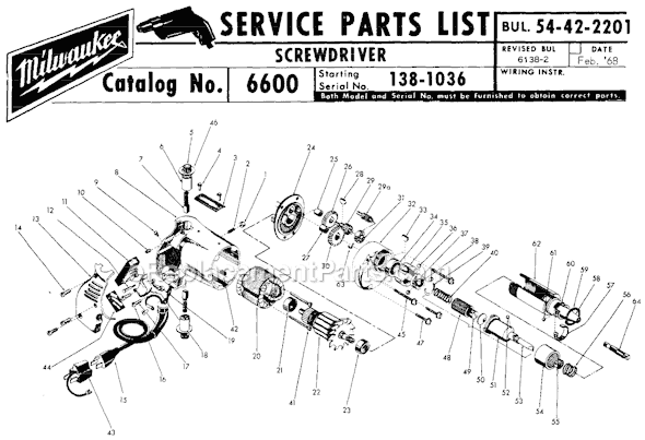 Milwaukee 6600 (SER 138-1036) Screwdriver Page A Diagram