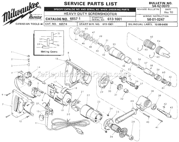 Milwaukee 6657-1 (SER 613-1001) Heavy-Duty Screwshooter Page A Diagram
