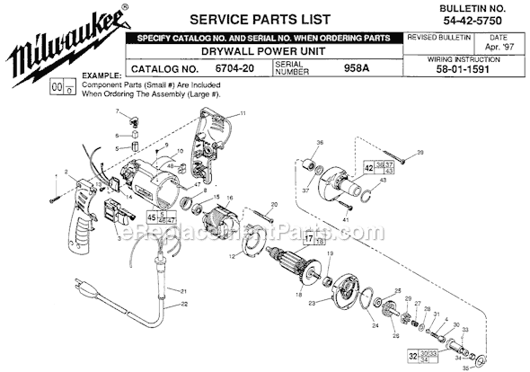 Milwaukee 6704-20 (SER 958A) Drywall Power Unit Screwdriver Page A Diagram