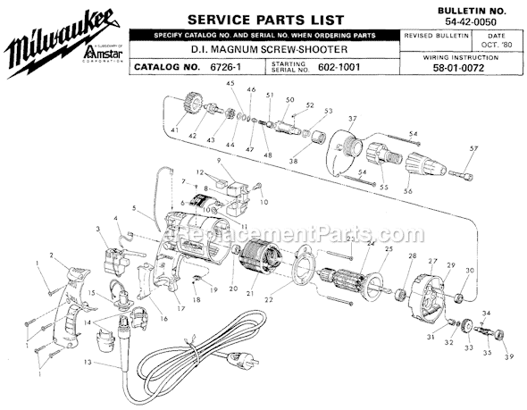 Milwaukee 6726-1 (SER 602-1001) D.I. Magnum Screw-Shooter Page A Diagram