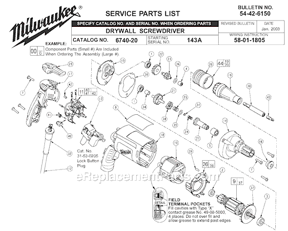 Milwaukee 6740-20 (SER 143A) Decking, Drywall and Framing Screwdriver, 0-2500 RPM Page A Diagram
