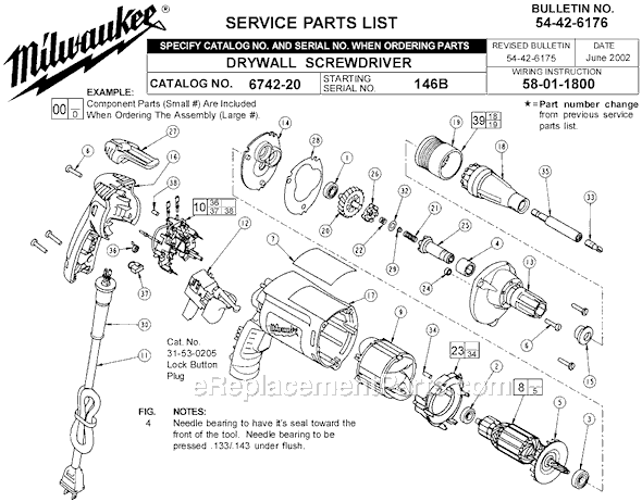 Milwaukee 6742-20 (SER 146B) Drywall Screwdriver, 0-4000 RPM Page A Diagram