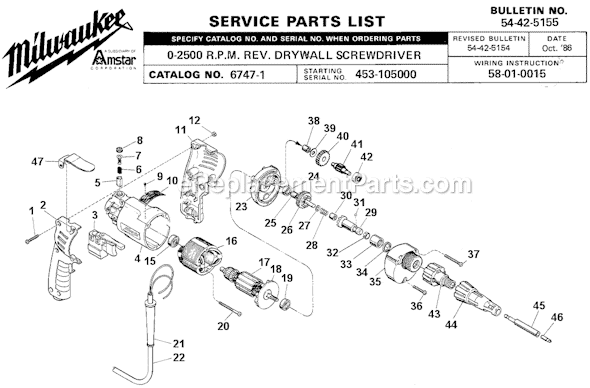Milwaukee 6747-1 (SER 453-105000) 2500 RPM Rev. Drywall Screwdriver Page A Diagram