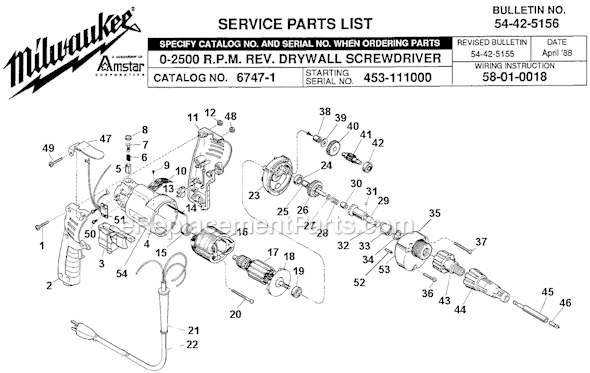 Milwaukee 6747-1 (SER 453-111000) 2500 RPM Rev. Drywall Screwdriver Page A Diagram