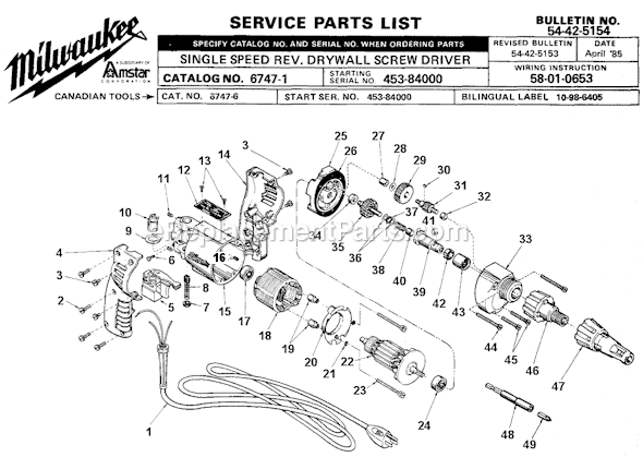 Milwaukee 6747-1 (SER 453-8400) Drywall Screwdriver Page A Diagram