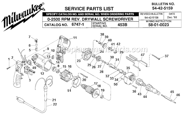 Milwaukee 6747-1 (SER 453B) 2500 RPM Rev. Drywall Screwdriver Page A Diagram