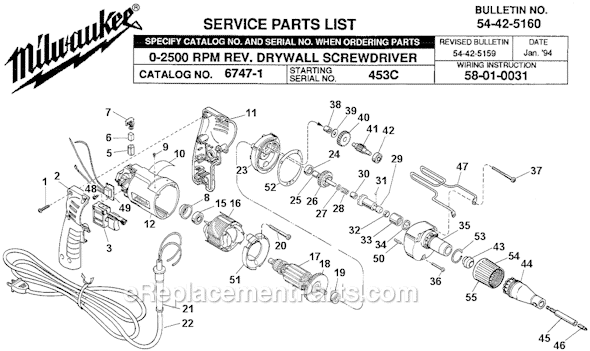 Milwaukee 6747-1 (SER 453C) 2500 RPM Rev. Drywall Screwdriver Page A Diagram