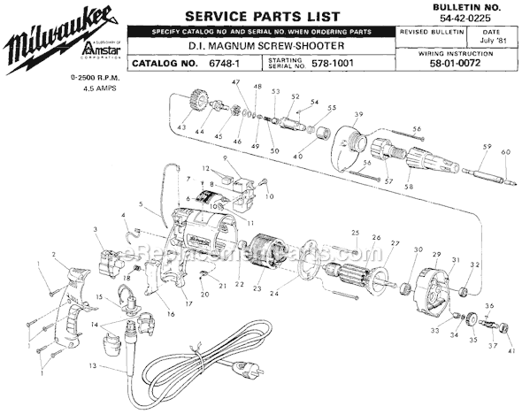 Milwaukee 6748-1 (SER 578-1001) D.I. Magnum Screw-Shooter Page A Diagram