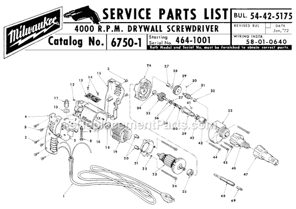 Milwaukee 6750-1 (SER 464-1001) 4000 R.P.M Drywall Screw Driver Page A Diagram