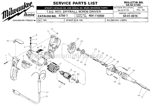 Milwaukee 6750-1 (SER 464-110000) T.S.C. Rev. Drywall Screwdriver Page A Diagram