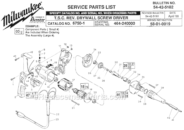 Milwaukee 6750-1 (SER 464-240000) T.S.C. Rev. Drywall Screwdriver Page A Diagram