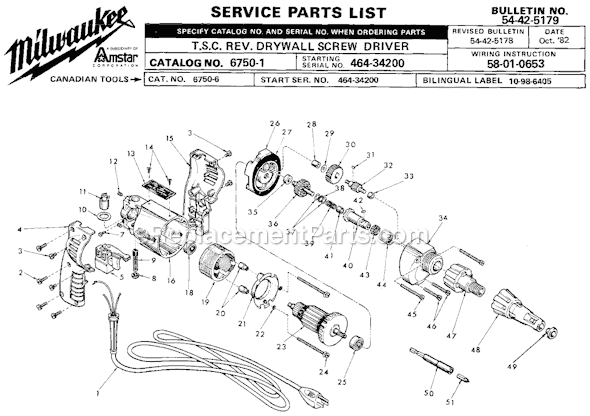 Milwaukee 6750-1 (SER 464-34200) T.S.C. Rev. Drywall Screwdriver Page A Diagram