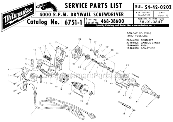Milwaukee 6751-1 (SER 468-38600) 4000 R.P.M Drywall Screw Driver Page A Diagram