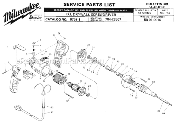 Milwaukee 6753-1 (SER 704-28367) D.I. Drywall Screw Driver Page A Diagram