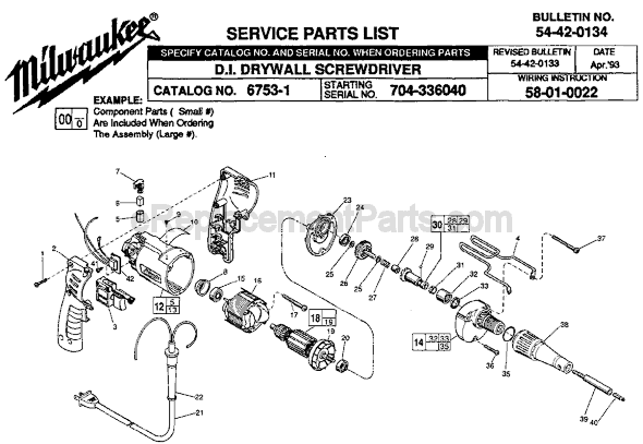 Milwaukee 6753-1 (SER 704-336040) Drywall Screwdriver Page A Diagram