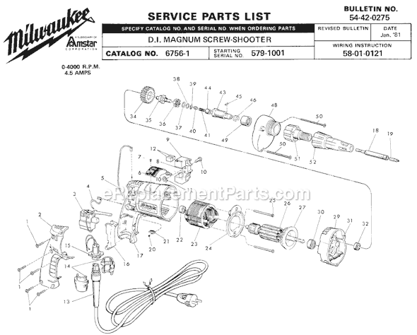 Milwaukee 6756-1 (SER 579-1001) D.I. Magnum Screw-Shooter Page A Diagram