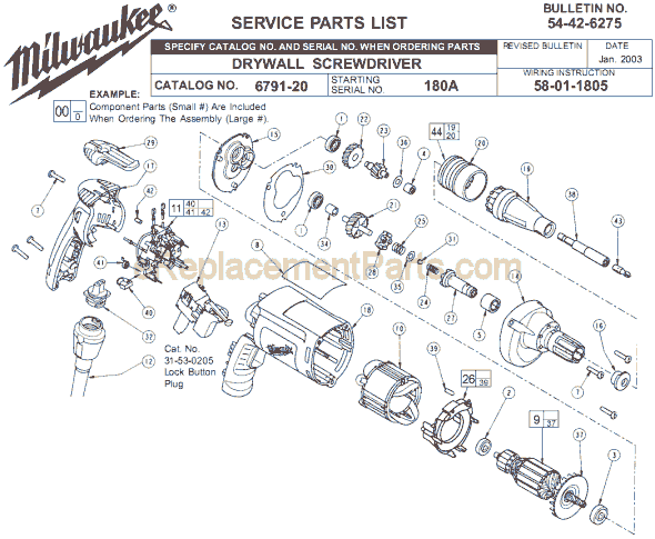 Milwaukee 6791-20 (SER 180A) Drywall Screwdriver Page A Diagram