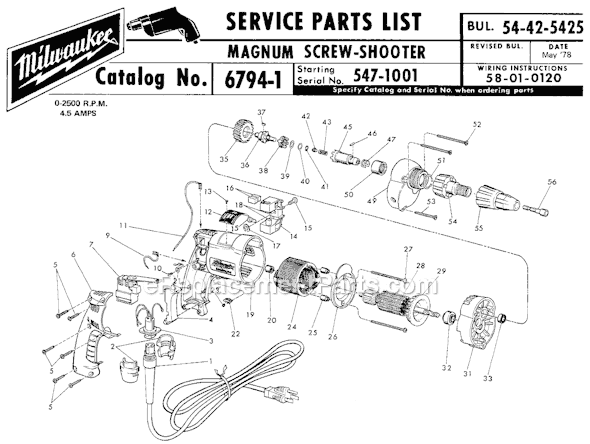 Milwaukee 6794-1 (SER 547-1001) Magnum Screw-Shooter Page A Diagram