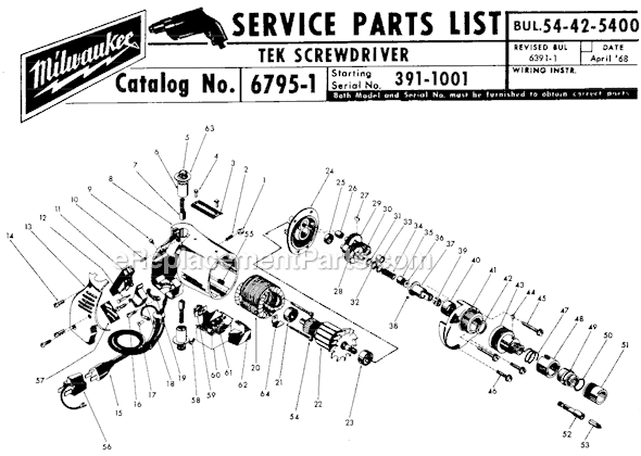 Milwaukee 6795-1 (SER 391-1001) Tek Screw Driver Page A Diagram