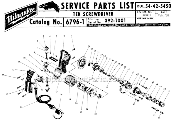 Milwaukee 6796-1 (SER 392-1001) Tek Screw Driver Page A Diagram