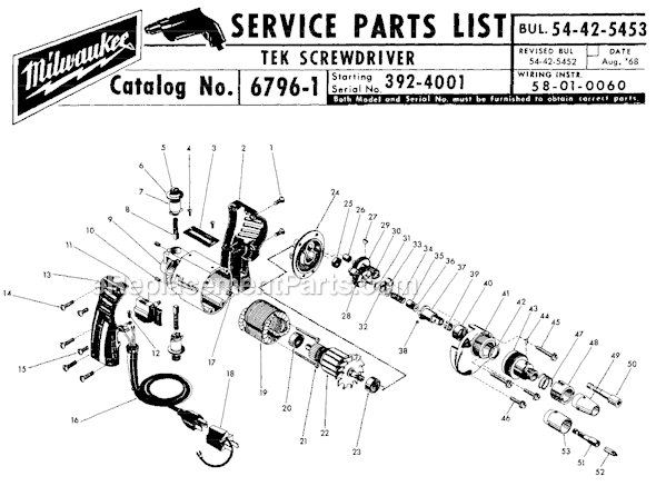 Milwaukee 6796-1 (SER 392-4001) Tek Screw Driver Page A Diagram