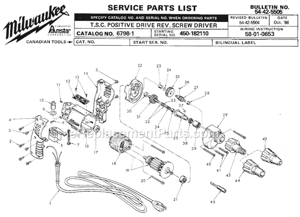 Milwaukee 6798-1 (SER 450-182110) T.S.C Positive Drive Rev. Screw Driver Page A Diagram