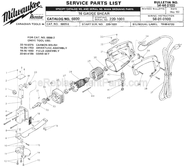 Milwaukee 6800 (SER 220-1001) Shear Page A Diagram