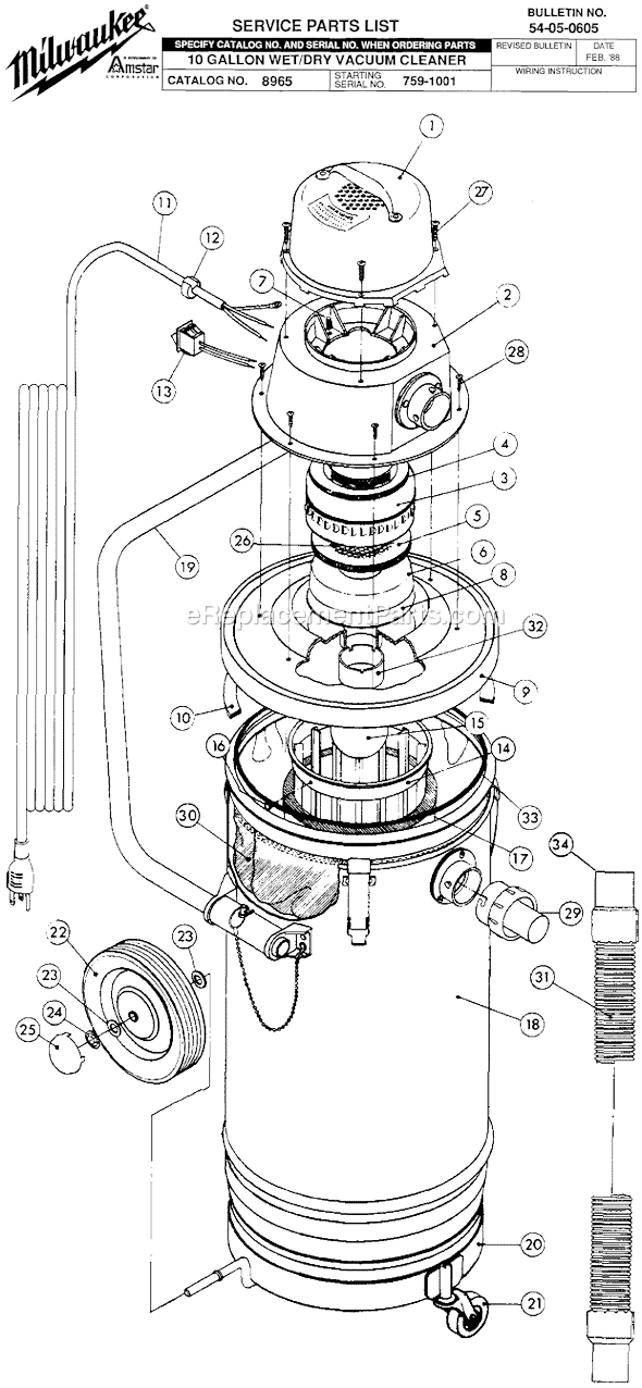 Milwaukee 8965 (SER 759-1001) 1-Stage Wet/Dry Vacuum Cleaner Page A Diagram