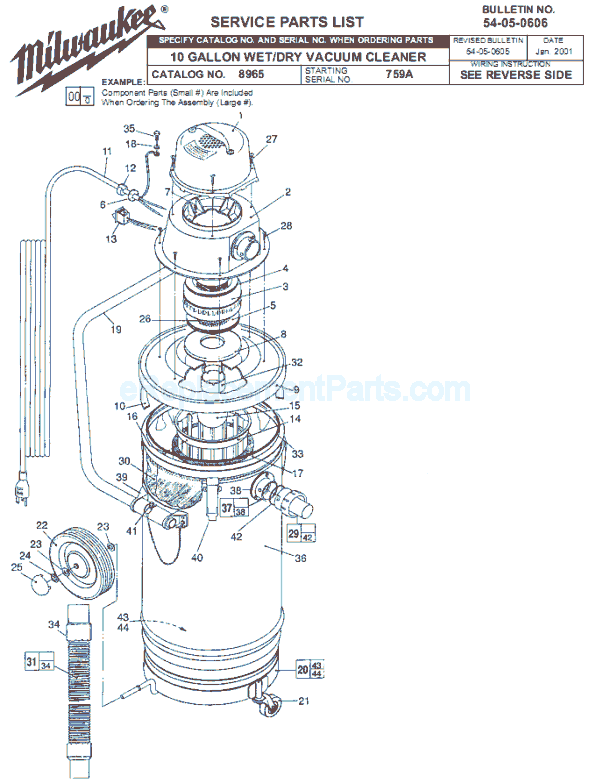 Milwaukee 8965 (SER 759A) Vacuum Cleaner Page A Diagram