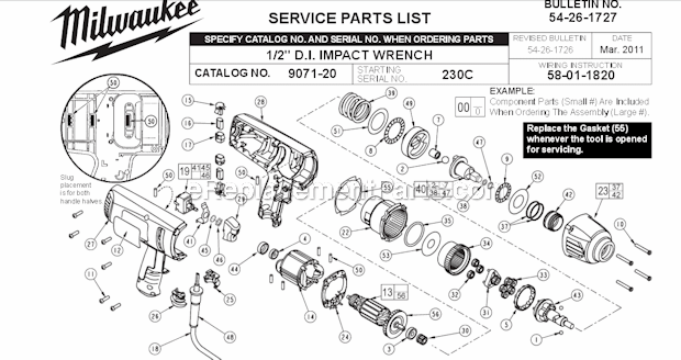 Milwaukee 9071-20 (SER 230C) 1/2 In. Impact Wrench with Rocker Switch and Friction Ring Socket Retention Page A Diagram