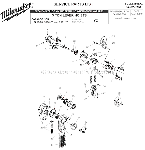 Milwaukee 9091-20 (SER YC) 3 Ton Lever Hoist Tool Page A Diagram