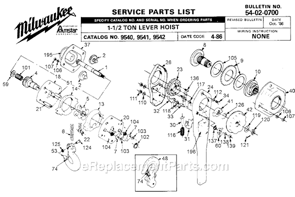 Milwaukee 9542 (SER 4-86) Lever Hoist Page A Diagram