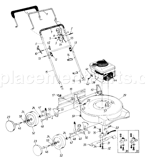 MTD 113-096D088 (TMO-3731703) (1993) Push Walk Behind Mower Wheel and Deck Assembly Diagram