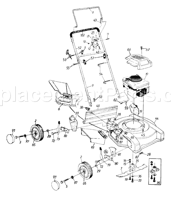 MTD 113-206C401 (1993) Push Walk Behind Mower Wheel and Handle Assembly Diagram