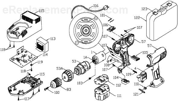 Porter Cable 820 Type 1 Cordless 9.6V Drill Page A Diagram