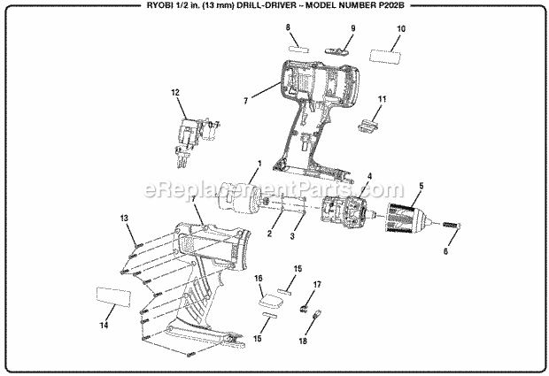Ryobi P202B 1/2-In. 2-SPEED 18 Volt Cordless Drill-Driver General_Assembly Diagram