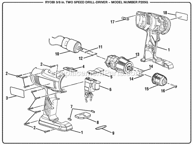 Ryobi P205G 3/8-In. 2-SPEED 18 Volt Cordless Drill-Driver General_Assembly Diagram
