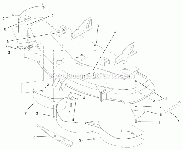 Toro 79195 (1997) 48-in. Recycler Kit, 260, 300, 5xi Tractors, -2001 Baffle, Kicker, and Blade Assembly Diagram